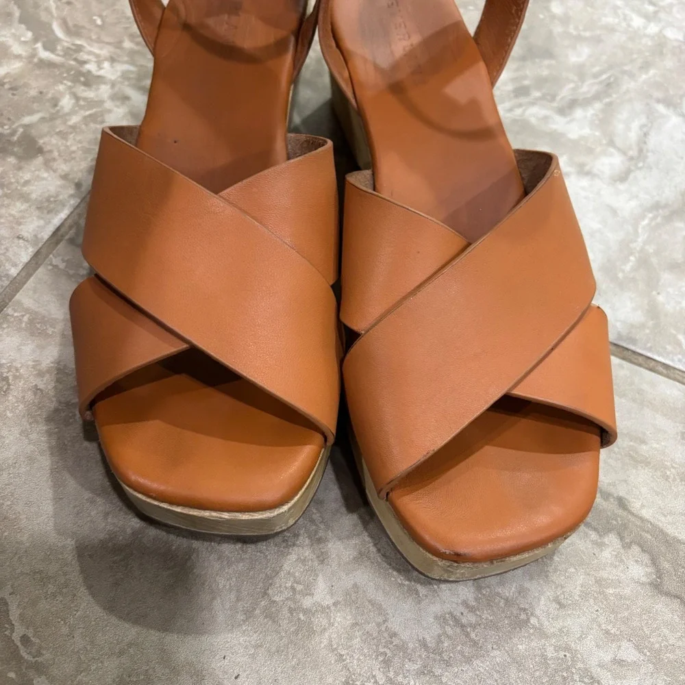 Everlane Leather Crossover Platform Sandal Brown Wood Wedge Ankle Strap sz 7.5 - Picture 11 of 11